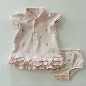Ralph Lauren 3 Months Baby Girl Soft Pink Ruffle Logo Print Dress Spring Summer